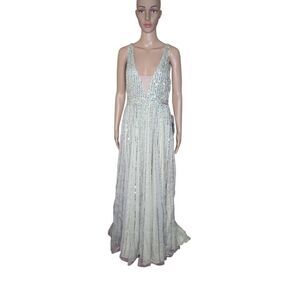 *Mac Duggal women's mint green beaded illusion sleeveless long formal gown Sz 8